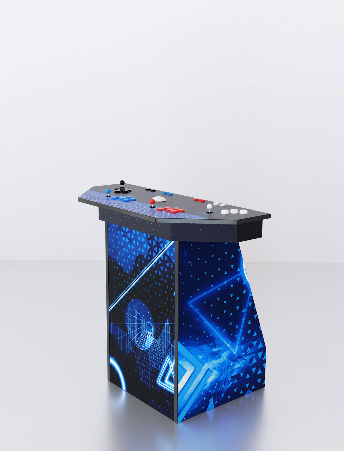 Quality Arcades Arcade Pedestal 2-player machine in Blue Retro full wrap design, hand-built and sold factory-direct