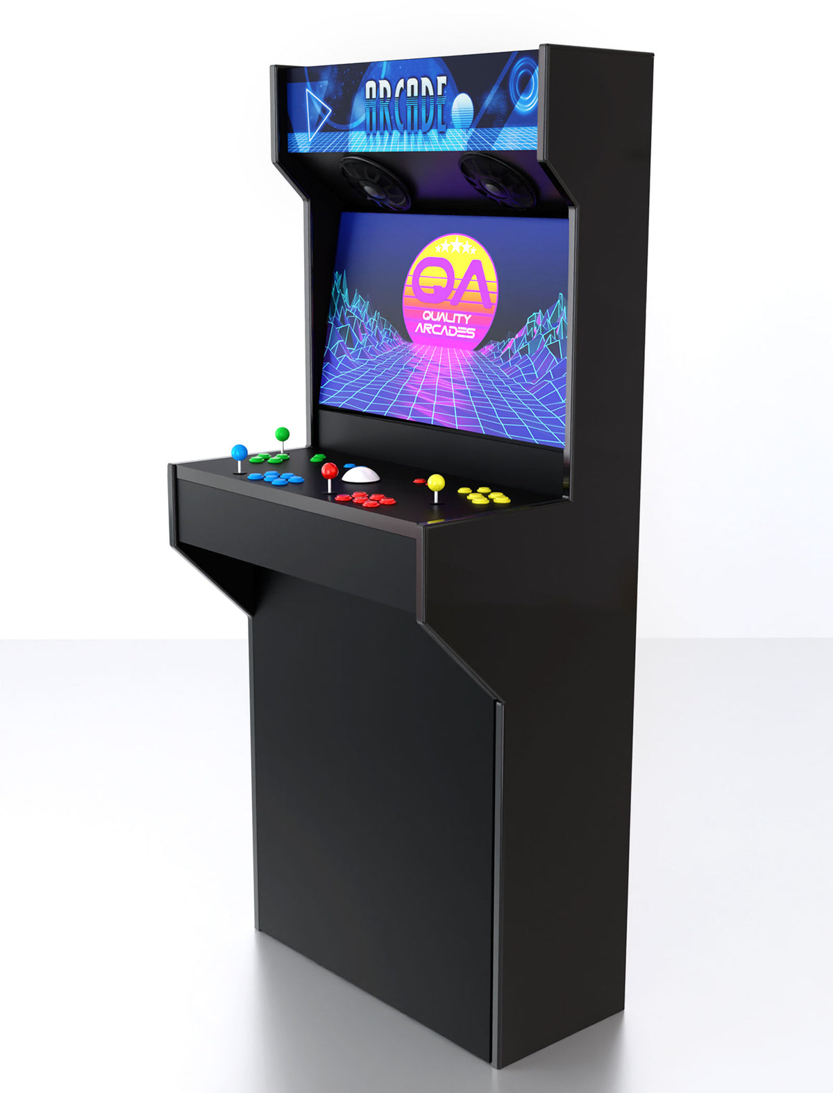 Quality Arcades Retro-Slim full-size arcade machine in Blue Retro marquee design, hand-built and sold factory-direct