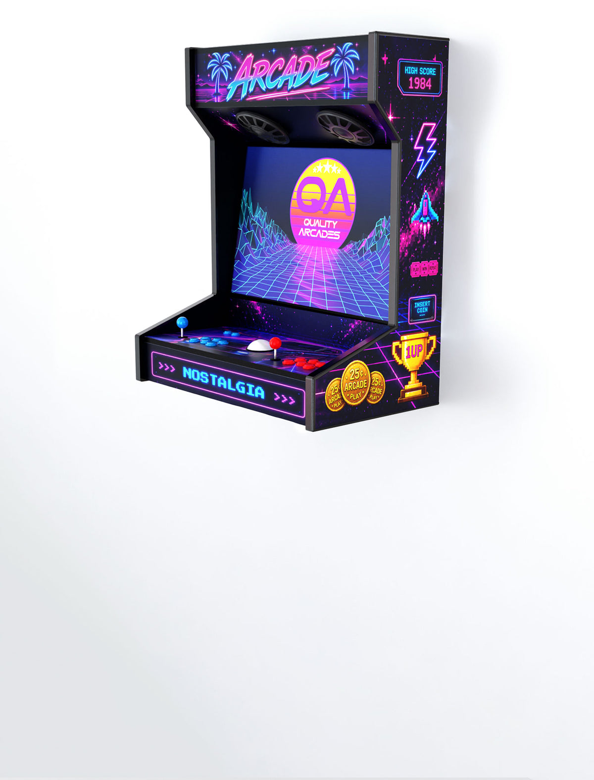 Quality Arcades Wall Mount 2-player arcade machine in Electric 84 full wrap design, hand-built and sold factory-direct