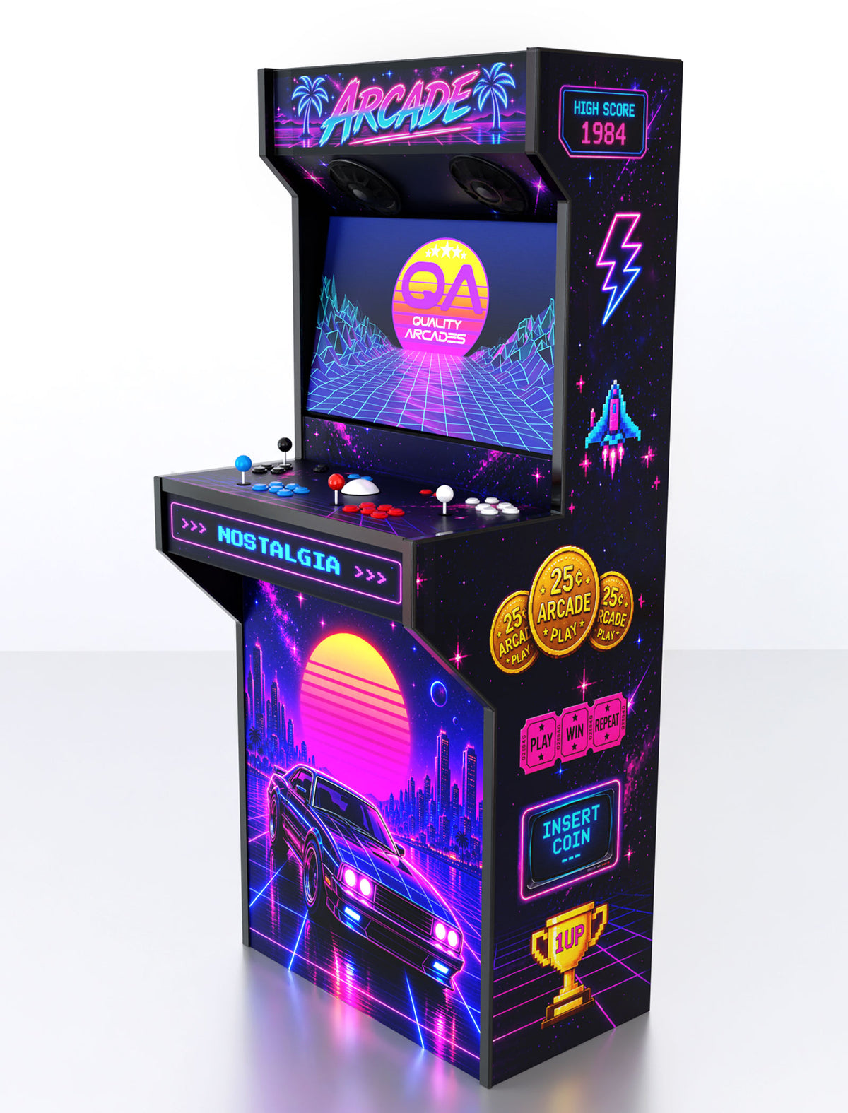 Quality Arcades Retro-XT arcade machine in Electric 84 full wrap design, hand-built and sold factory-direct