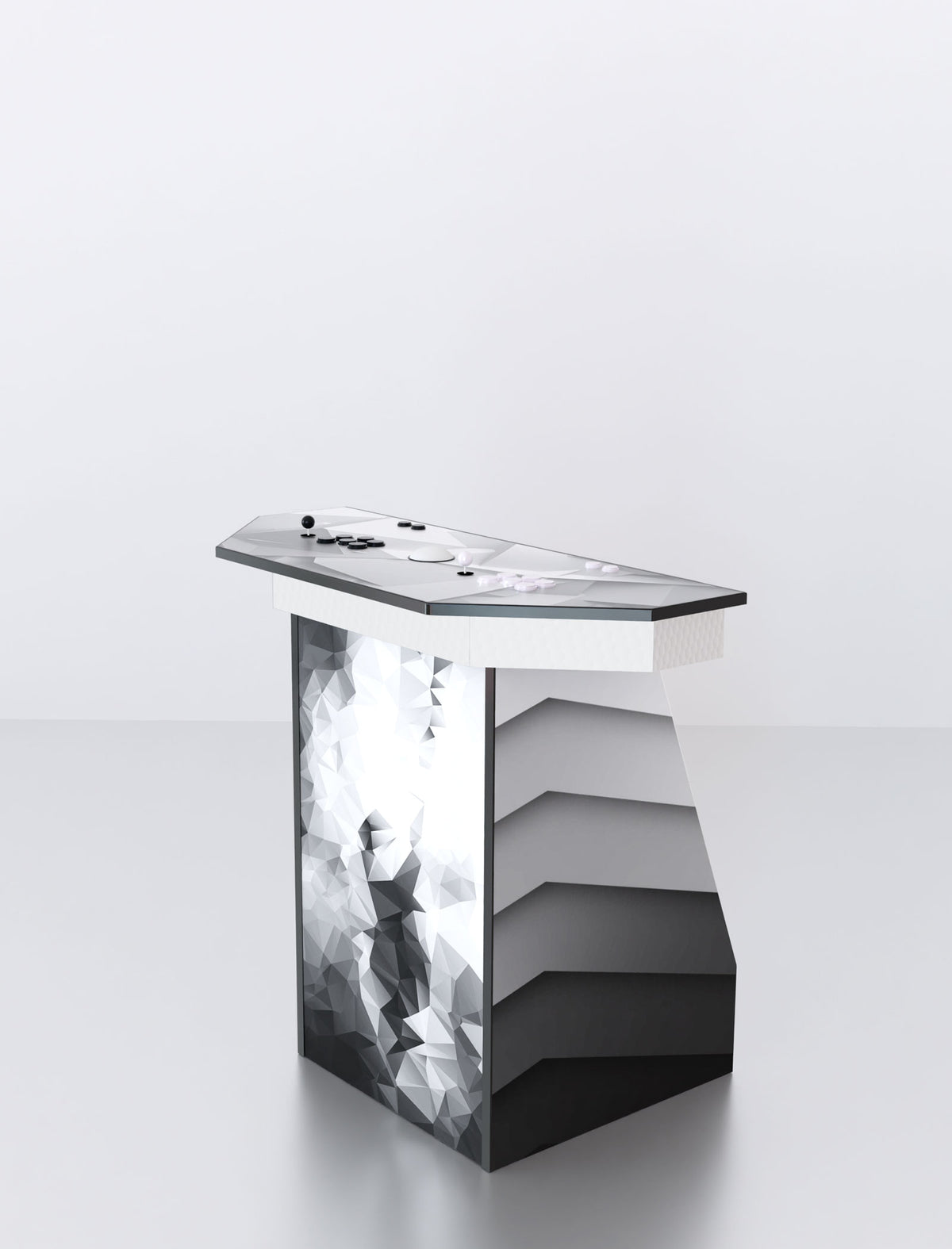 Quality Arcades Arcade Pedestal 2-player machine in Geometric full wrap design, hand-built and sold factory-direct