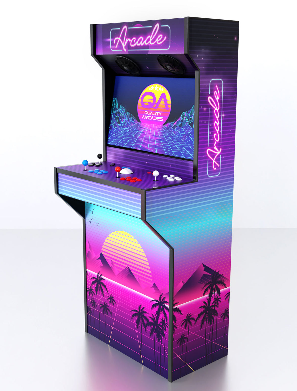 Quality Arcades Retro-XT arcade machine in Miami Retro full wrap design, hand-built and sold factory-direct