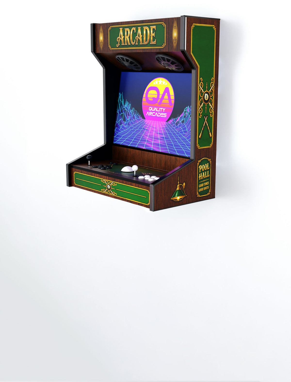 Quality Arcades Wall Mount 2-player arcade machine in Pool Hall full wrap design, hand-built and sold factory-direct