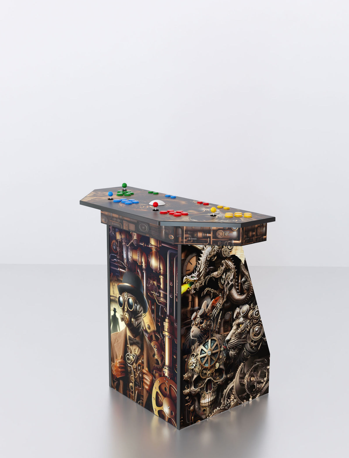 Quality Arcades Arcade Pedestal 2-player machine in Steampunk full wrap design, hand-built and sold factory-direct