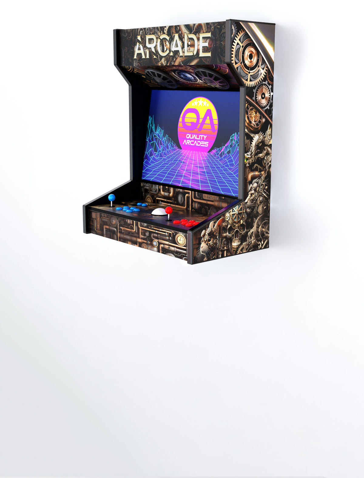 Quality Arcades Wall Mount 2-player arcade machine in Steampunk full wrap design, hand-built and sold factory-direct