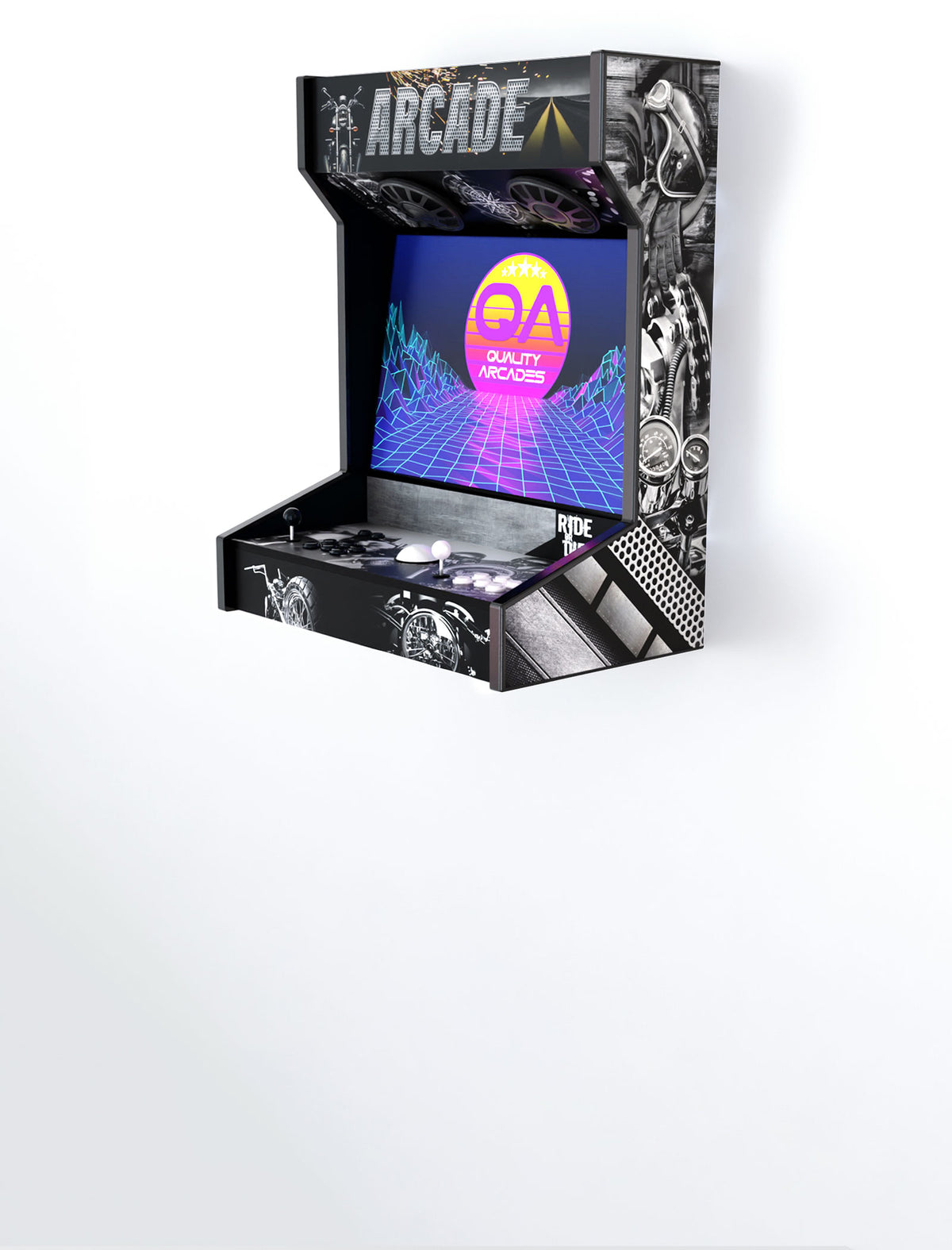 Quality Arcades Wall Mount 2-player arcade machine in Steel Horse full wrap design, hand-built and sold factory-direct