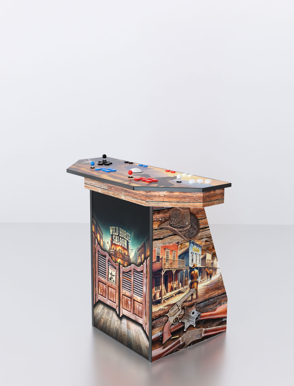 Quality Arcades Arcade Pedestal 2-player machine in Wild West full wrap design, hand-built and sold factory-direct