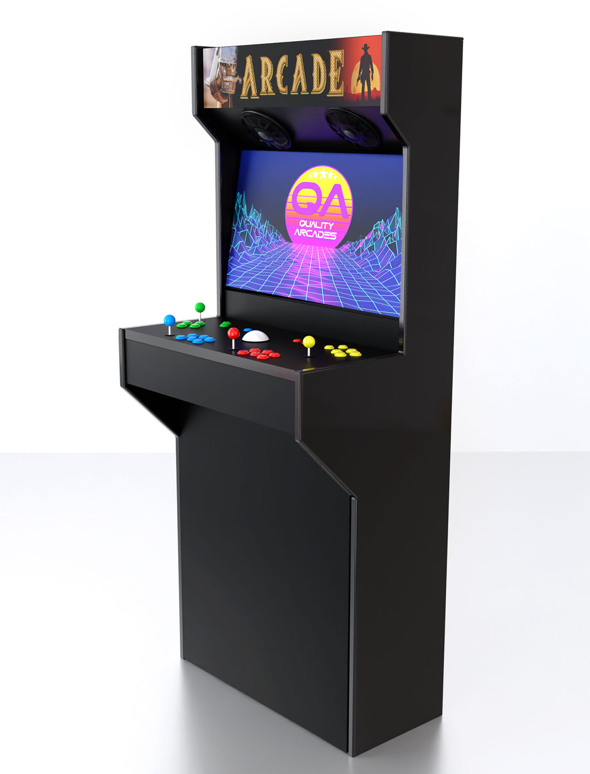Quality Arcades Retro-Slim full-size arcade machine in Wild West marquee design, hand-built and sold factory-direct