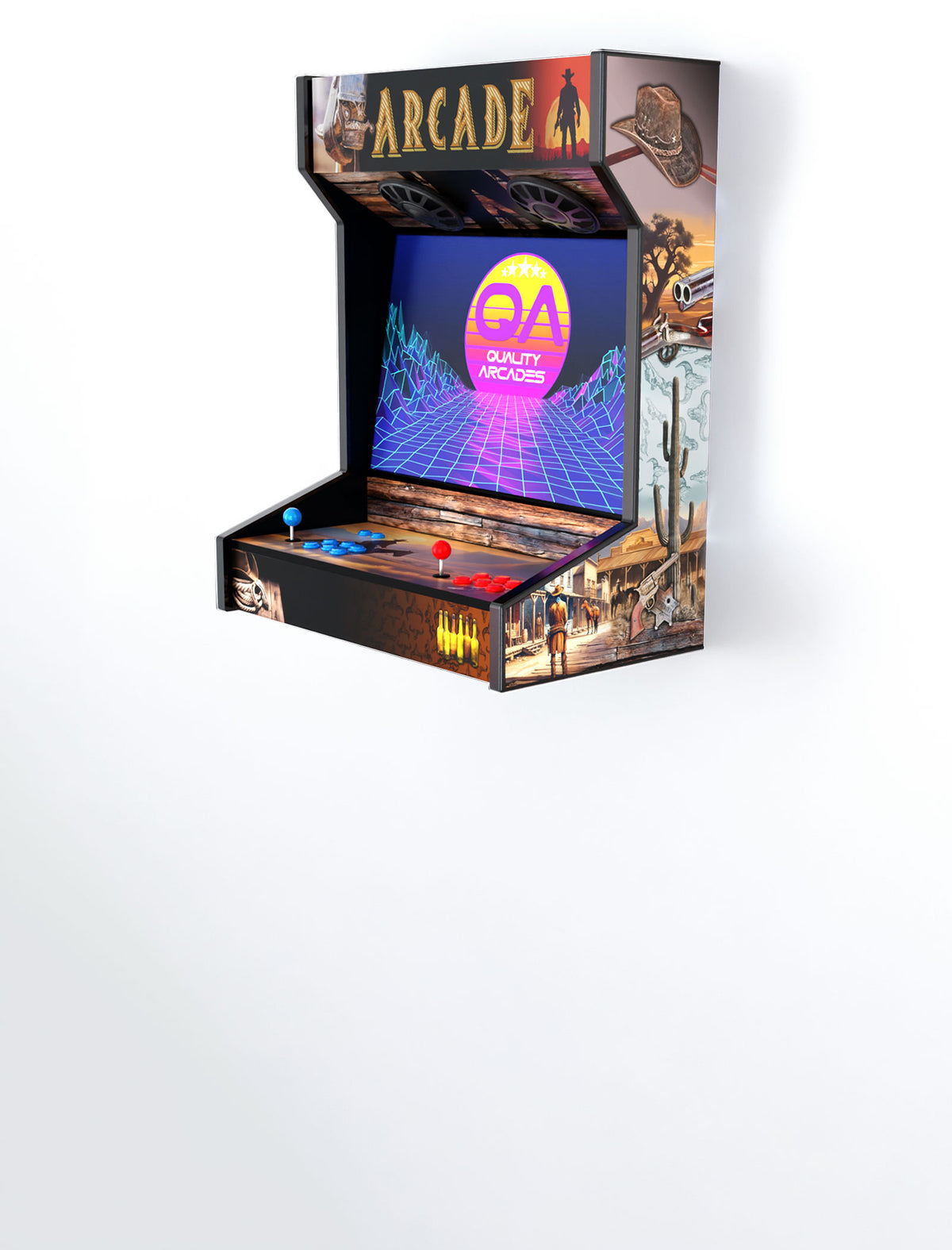 Quality Arcades Wall Mount 2-player arcade machine in Wild West full wrap design, hand-built and sold factory-direct