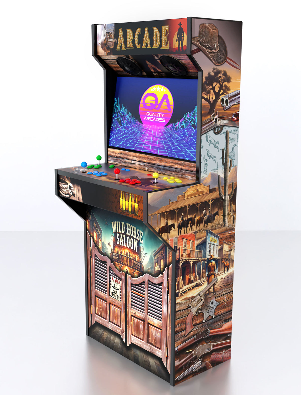 Quality Arcades Retro-XT arcade machine in Wild West full wrap design, hand-built and sold factory-direct