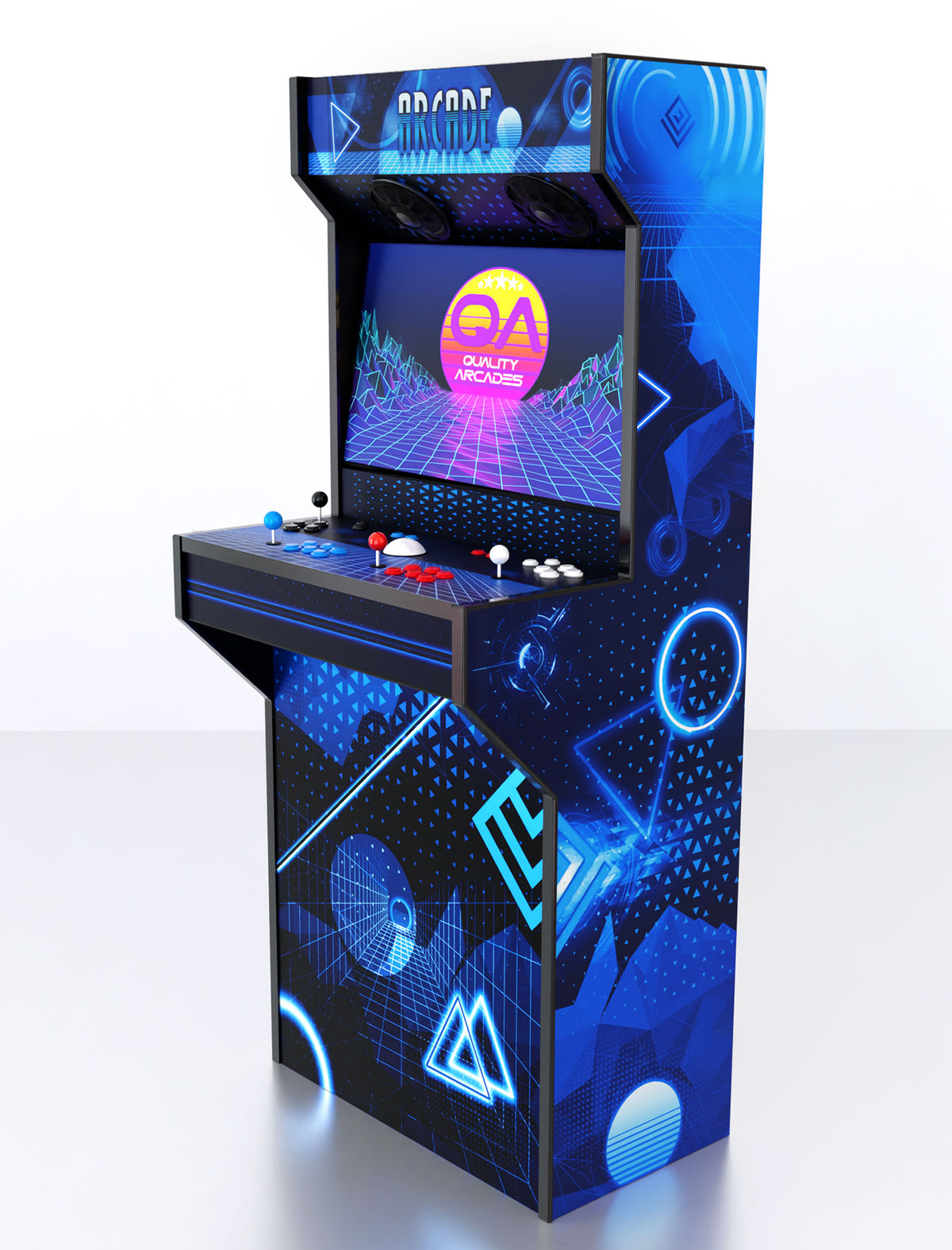 Quality Arcades Retro-XT arcade machine in Blue Retro full wrap design, hand-built and sold factory-direct