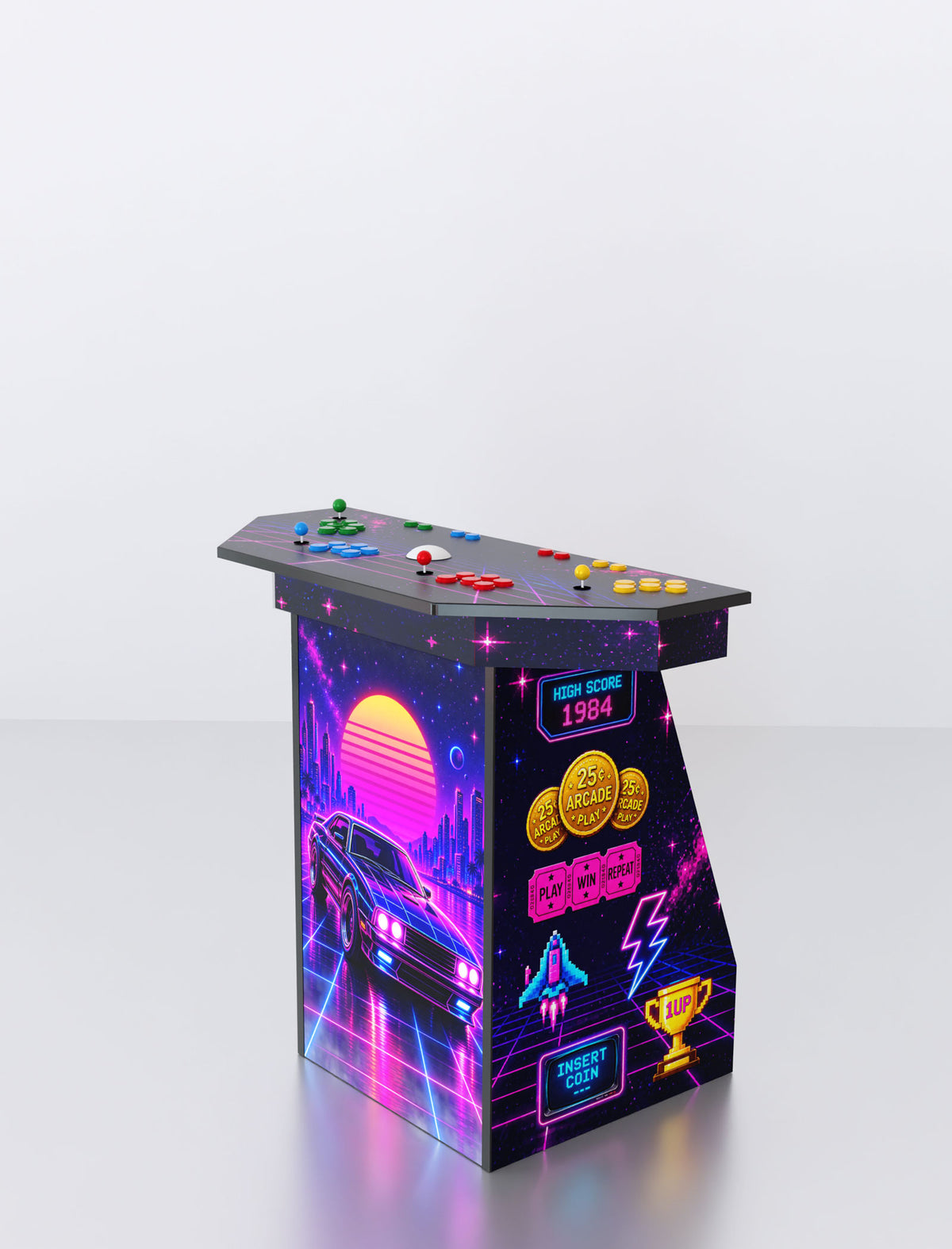 Quality Arcades Arcade Pedestal 2-player machine in Electric 84 full wrap design, hand-built and sold factory-direct