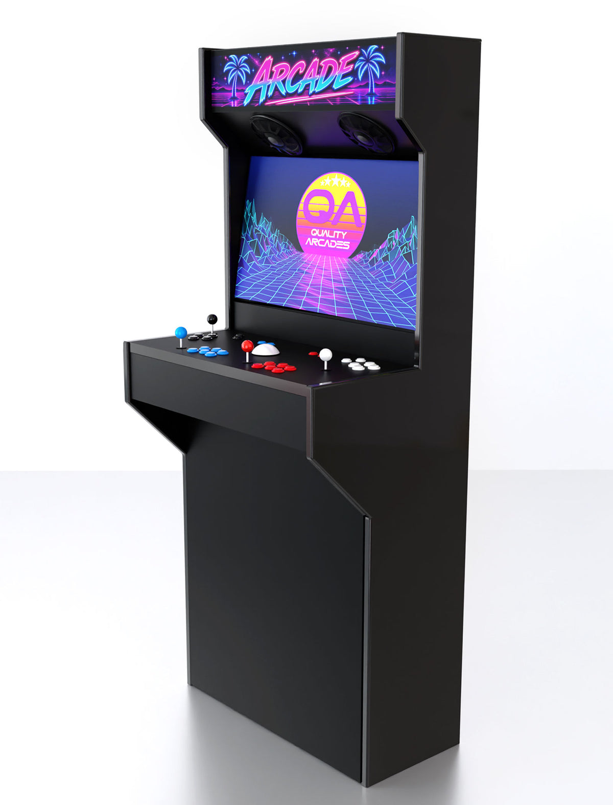 Quality Arcades Retro-Slim full-size arcade machine in Electric 84 marquee design, hand-built and sold factory-direct