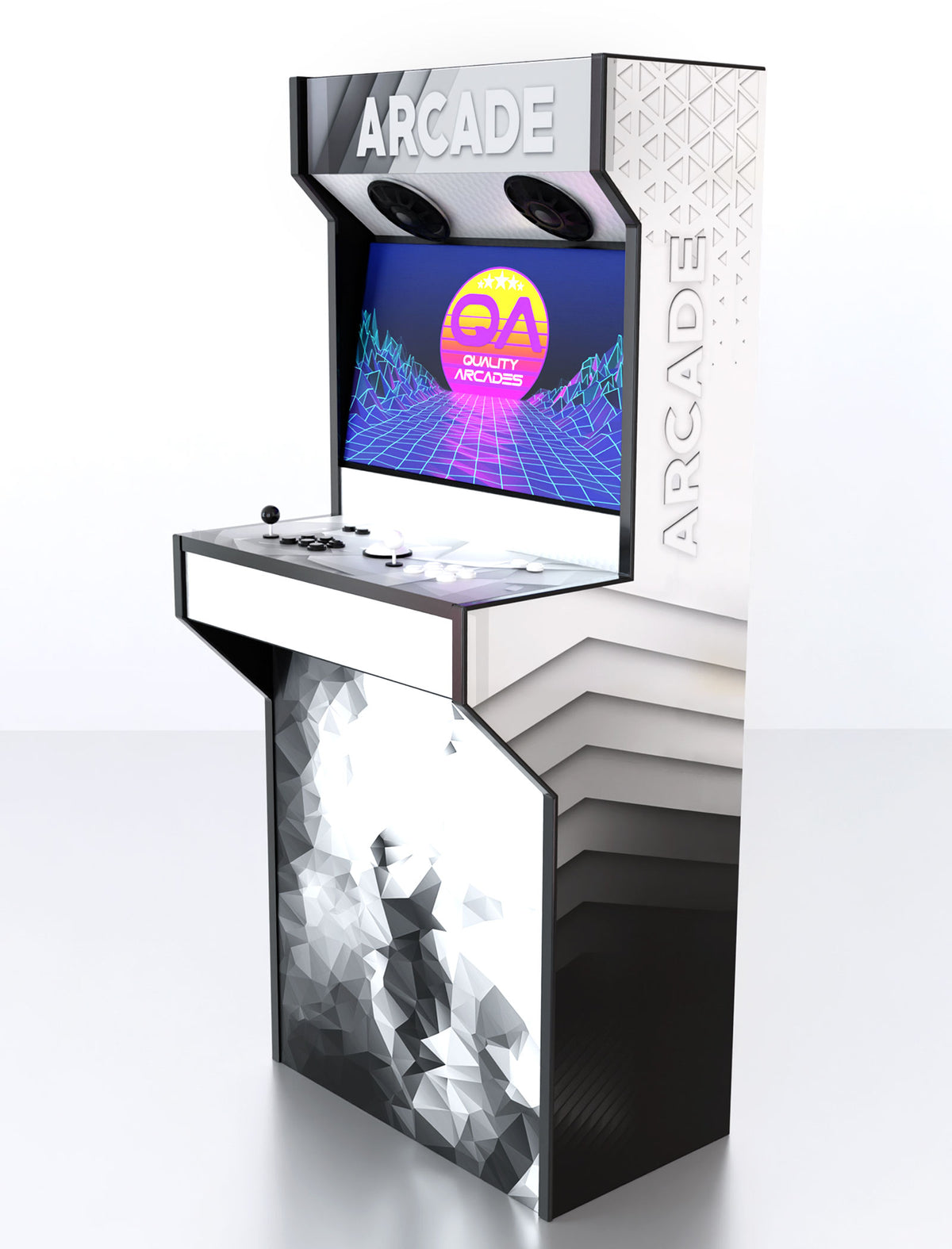 Quality Arcades Retro-XT arcade machine in Geometric full wrap design, hand-built and sold factory-direct