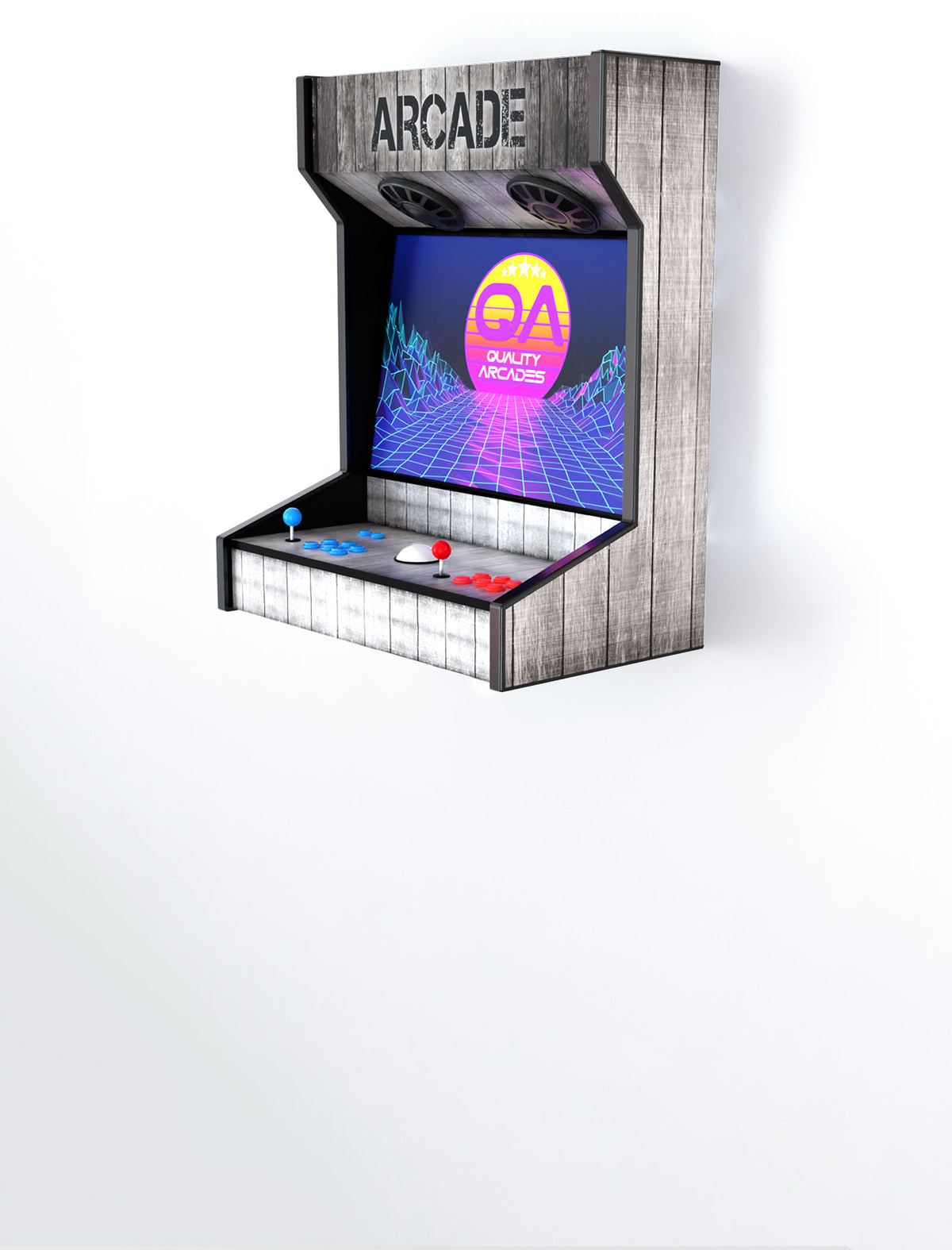 Quality Arcades Wall Mount 2-player arcade machine in Grey Wood full wrap design, hand-built and sold factory-direct