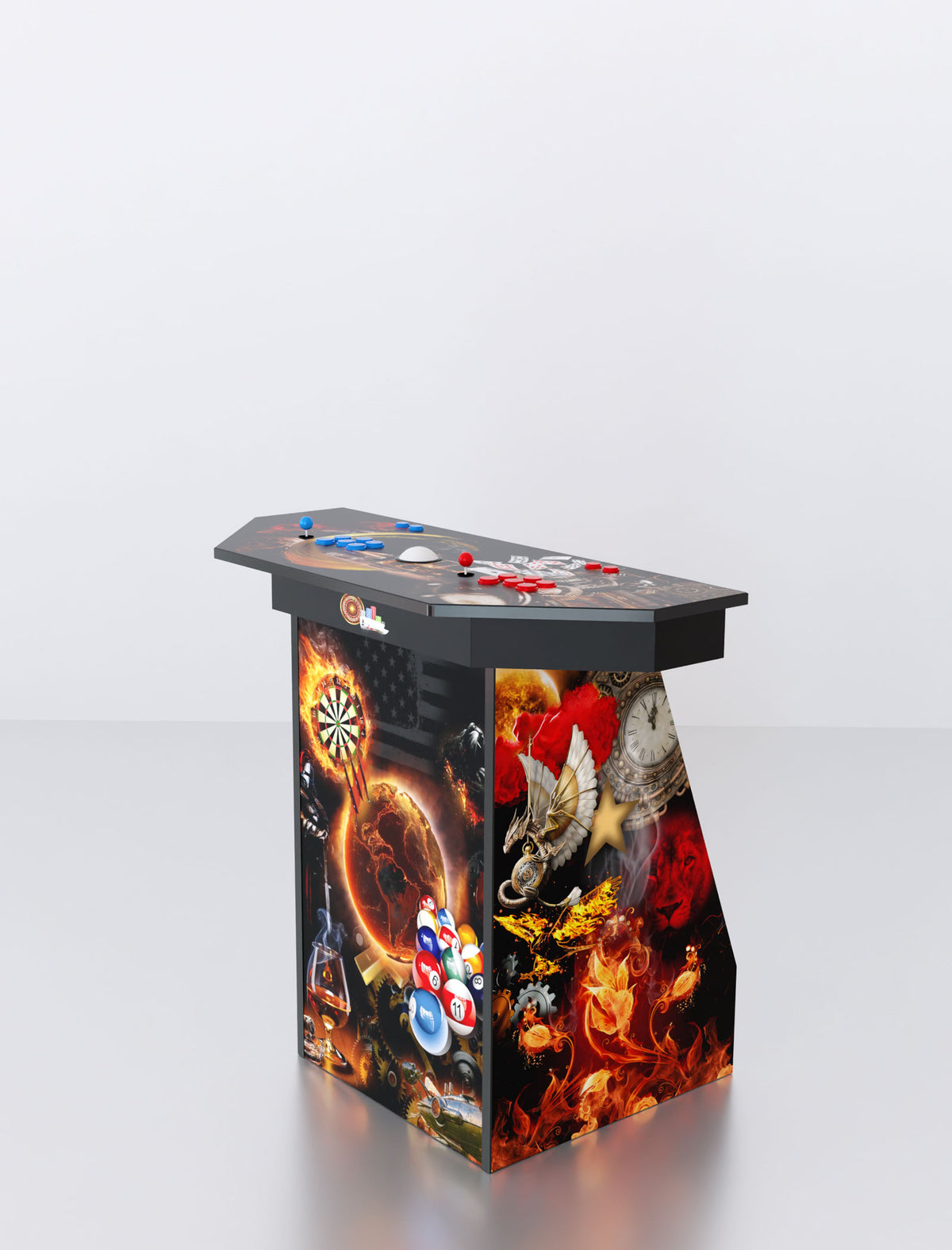 Quality Arcades Arcade Pedestal 2-player machine in Man Cave full wrap design, hand-built and sold factory-direct