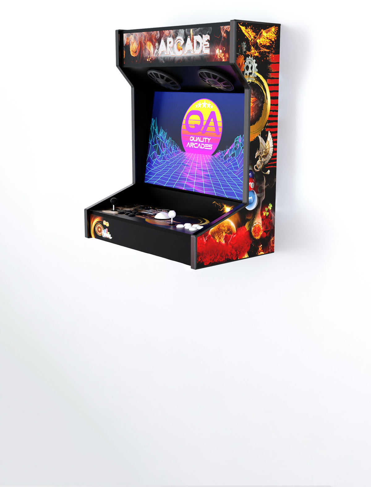 Quality Arcades Wall Mount 2-player arcade machine in Man Cave full wrap design, hand-built and sold factory-direct