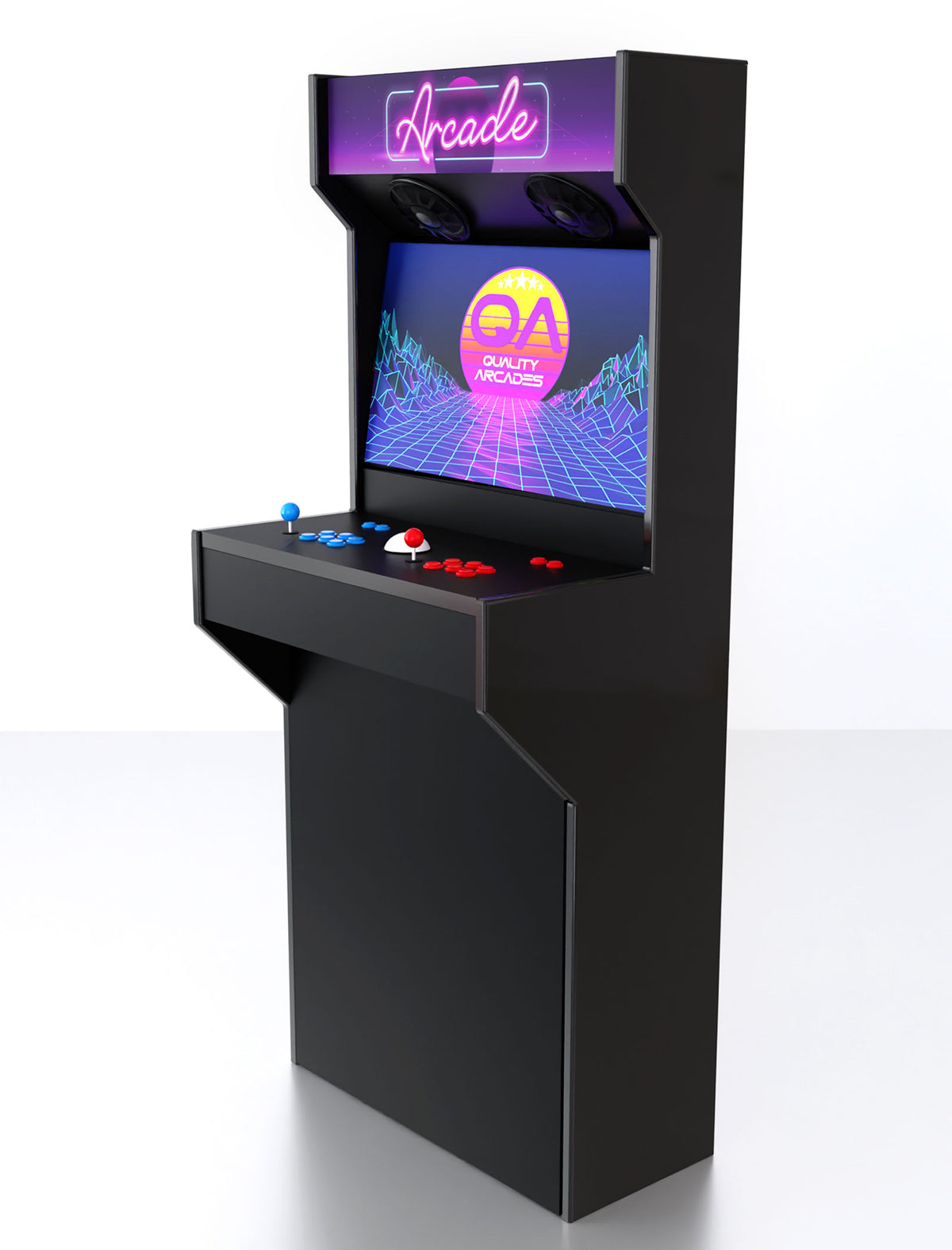 Quality Arcades Retro-Slim full-size arcade machine in Miami Sunset marquee design, hand-built and sold factory-direct