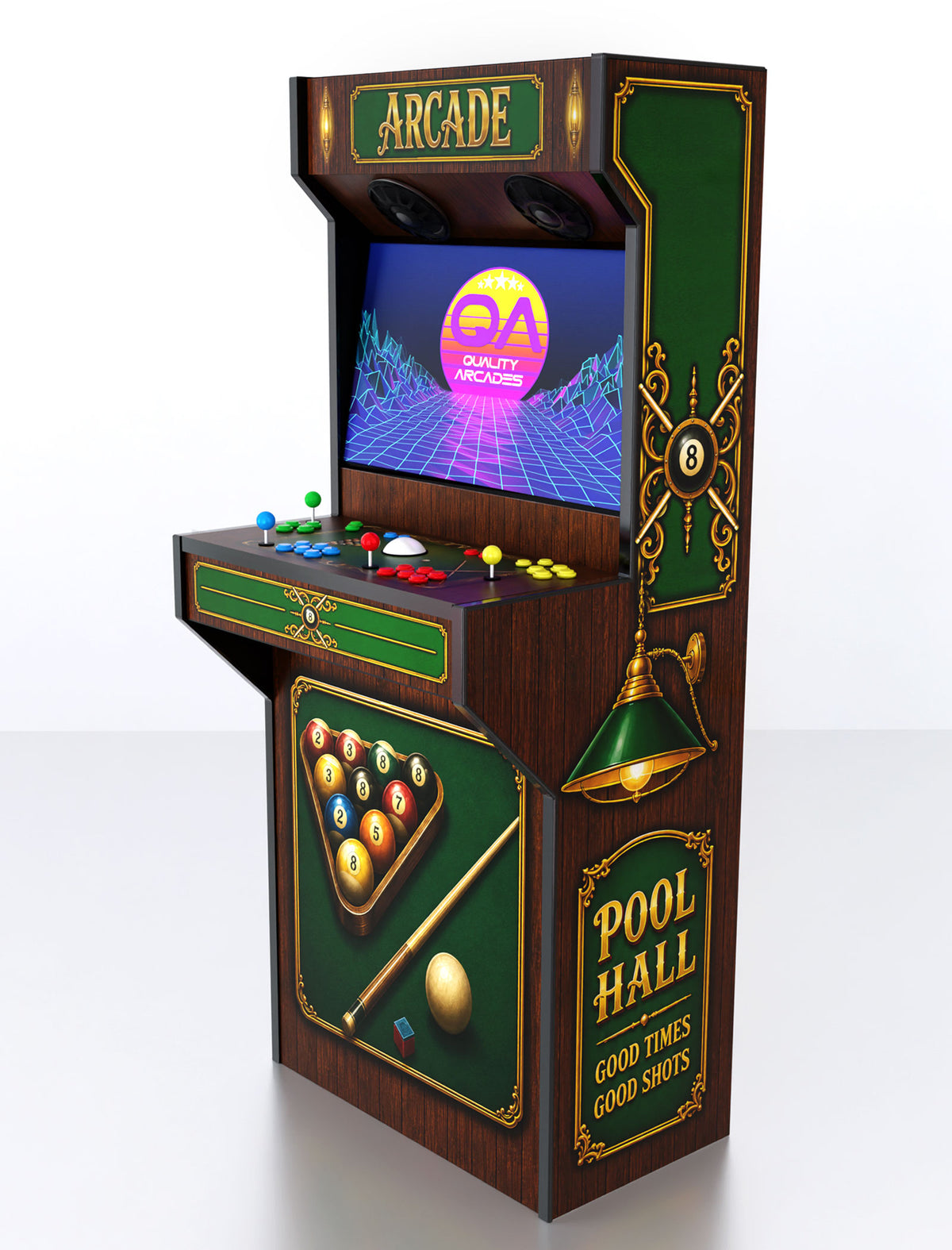 Quality Arcades Retro-XT arcade machine in Pool Hall full wrap design, hand-built and sold factory-direct