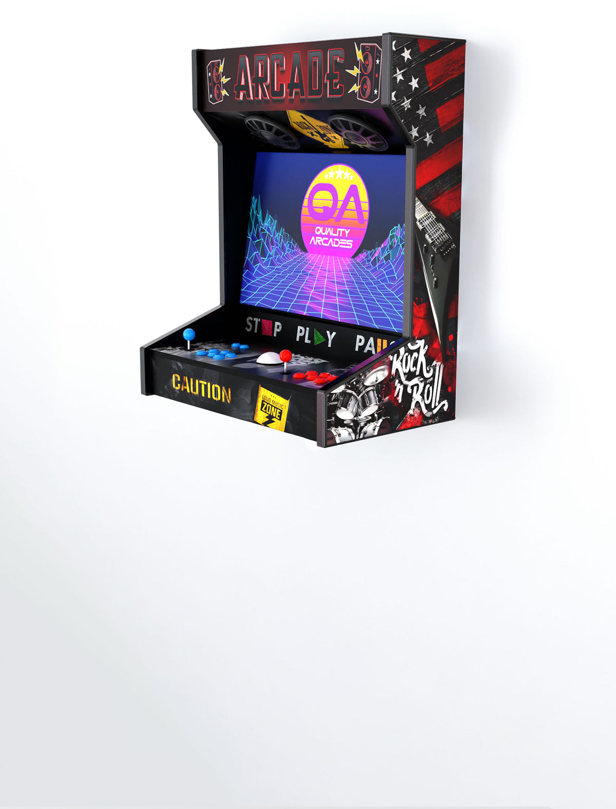 Quality Arcades Wall Mount 2-player arcade machine in Rock Music full wrap design, hand-built and sold factory-direct