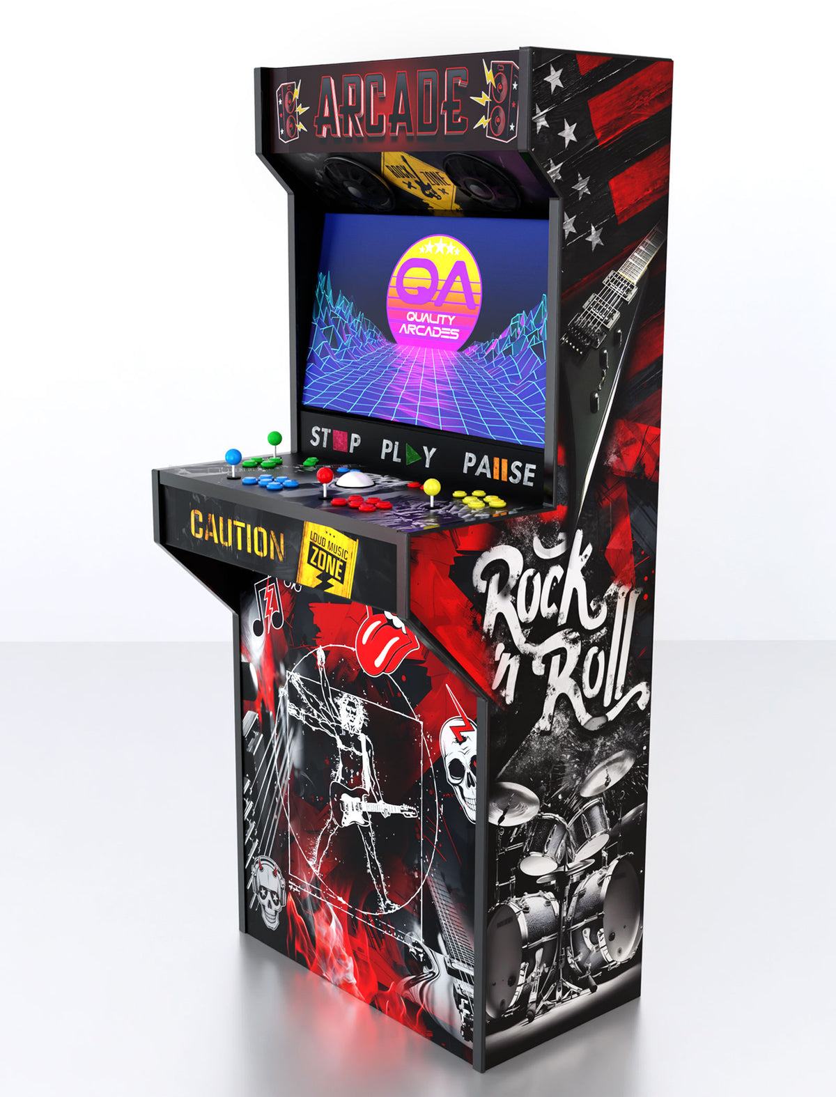 Quality Arcades Retro-XT arcade machine in Rock Music full wrap design, hand-built and sold factory-direct