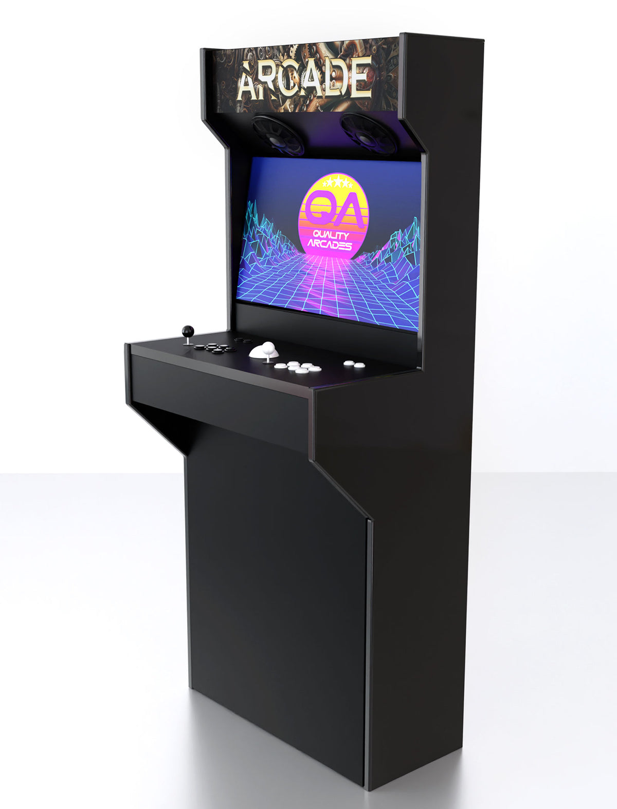 Quality Arcades Retro-Slim full-size arcade machine in Steampunk marquee design, hand-built and sold factory-direct