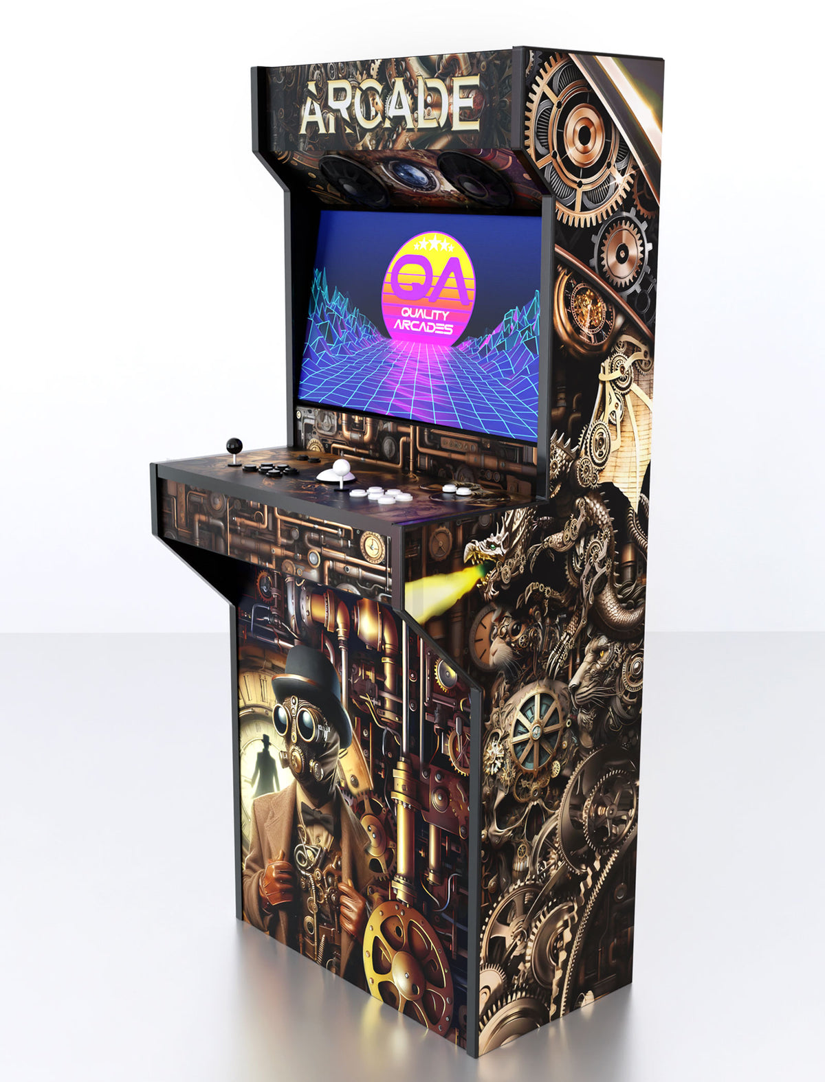 Quality Arcades Retro-XT arcade machine in Steampunk full wrap design, hand-built and sold factory-direct