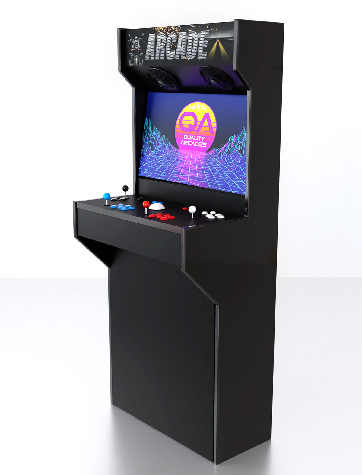 Quality Arcades Retro-Slim full-size arcade machine in Steel Horse marquee design, hand-built and sold factory-direct