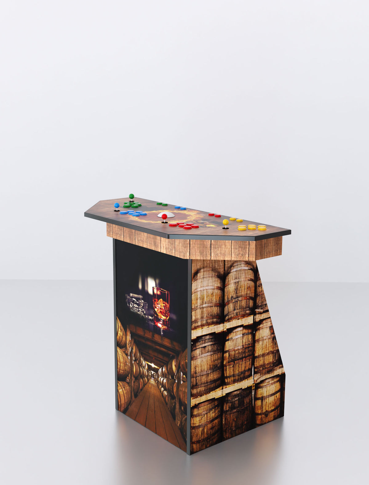 Quality Arcades Arcade Pedestal 2-player machine in Whiskey Barrel full wrap design, hand-built and sold factory-direct