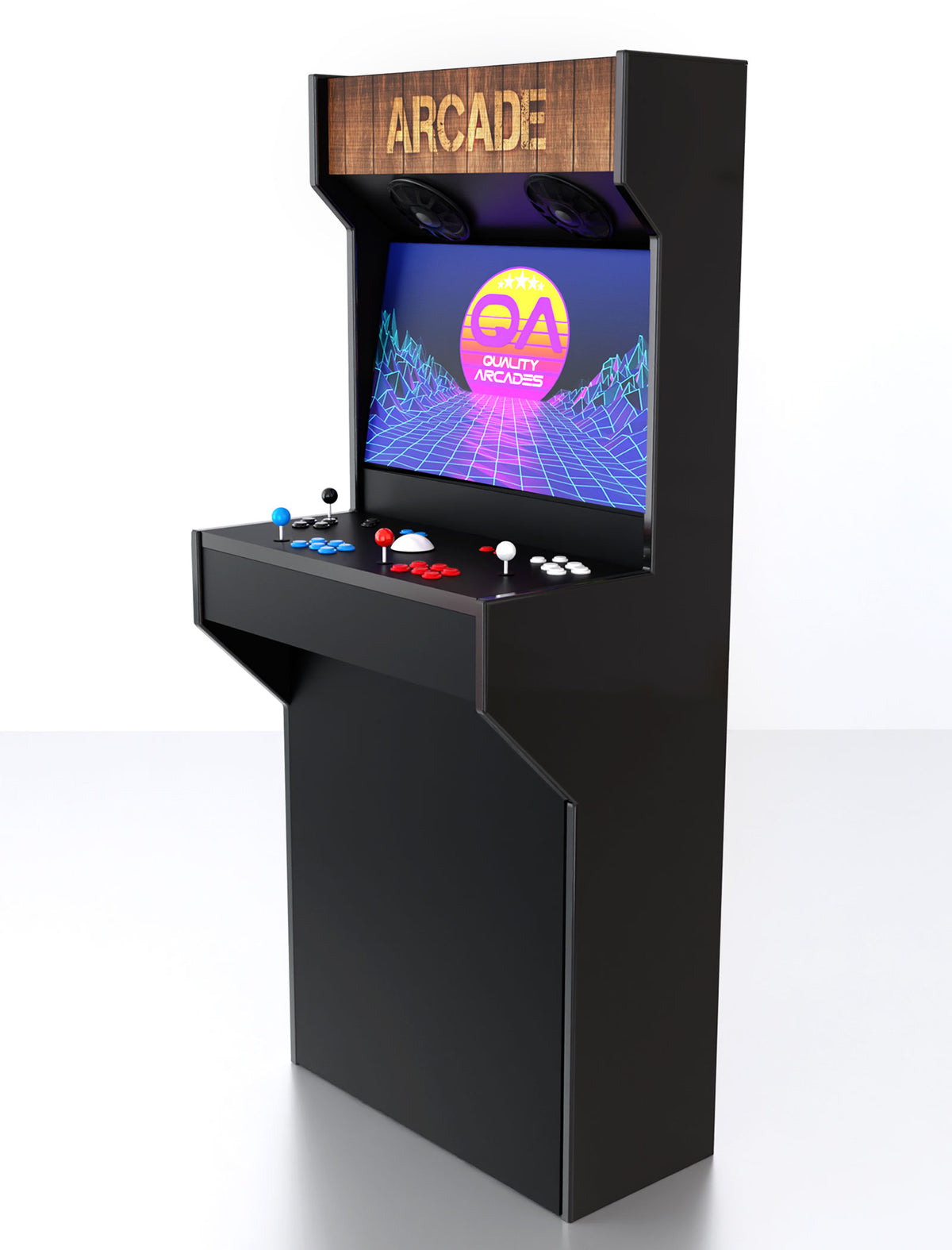 Quality Arcades Retro-Slim full-size arcade machine in Whiskey Barrel marquee design, hand-built and sold factory-direct