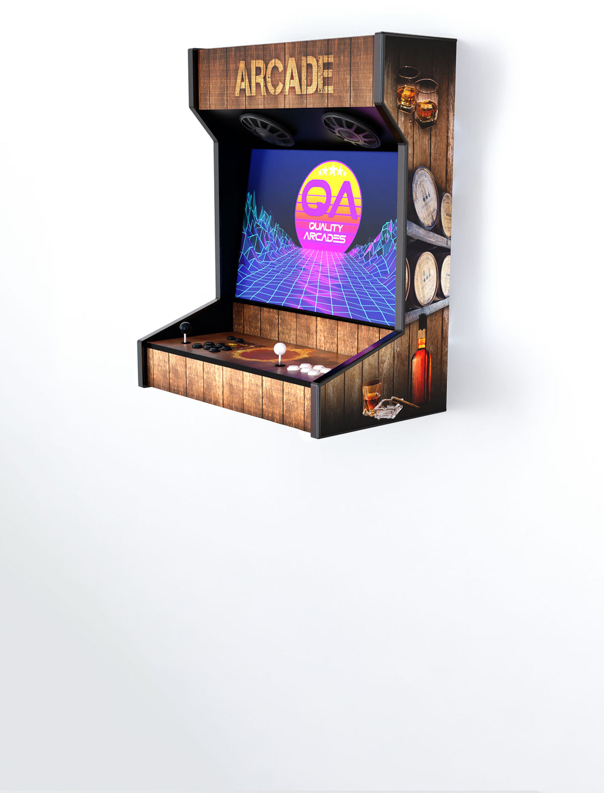 Quality Arcades Wall Mount 2-player arcade machine in Whiskey Barrel full wrap design, hand-built and sold factory-direct