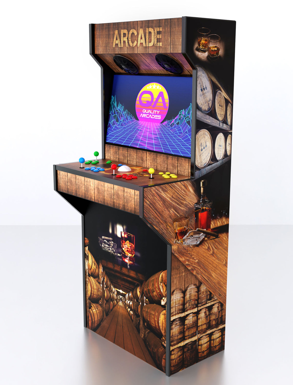 Quality Arcades Retro-XT arcade machine in Whiskey Barrel full wrap design, hand-built and sold factory-direct