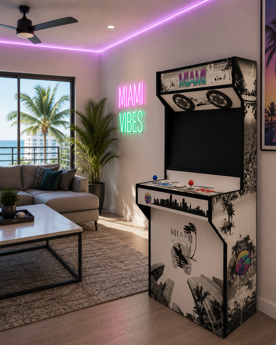 Arcade cabinet with Miami-themed wrap in a modern short-term rental lounge