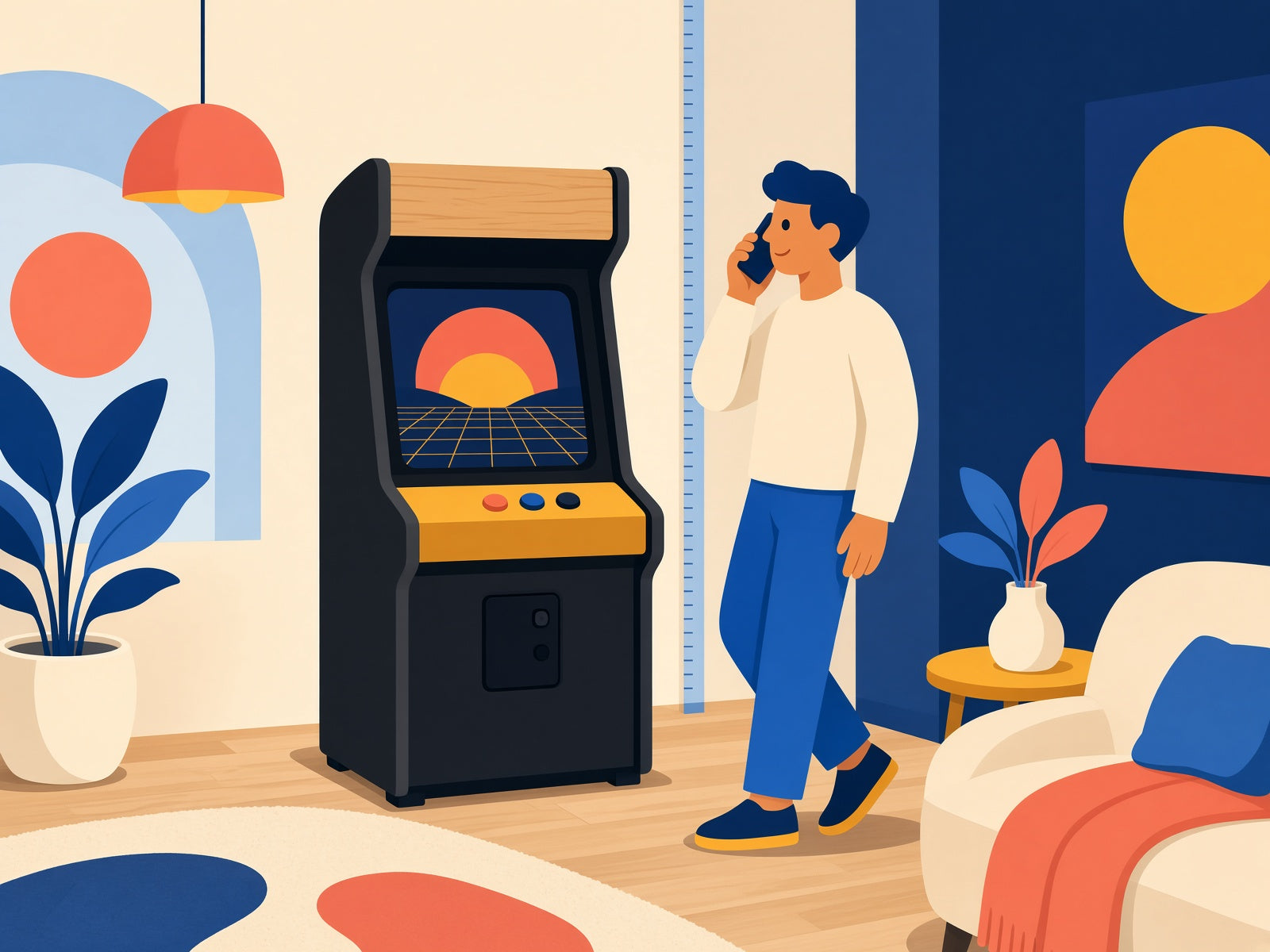 Illustration of a person calling about which arcade cabinet fits a living room
